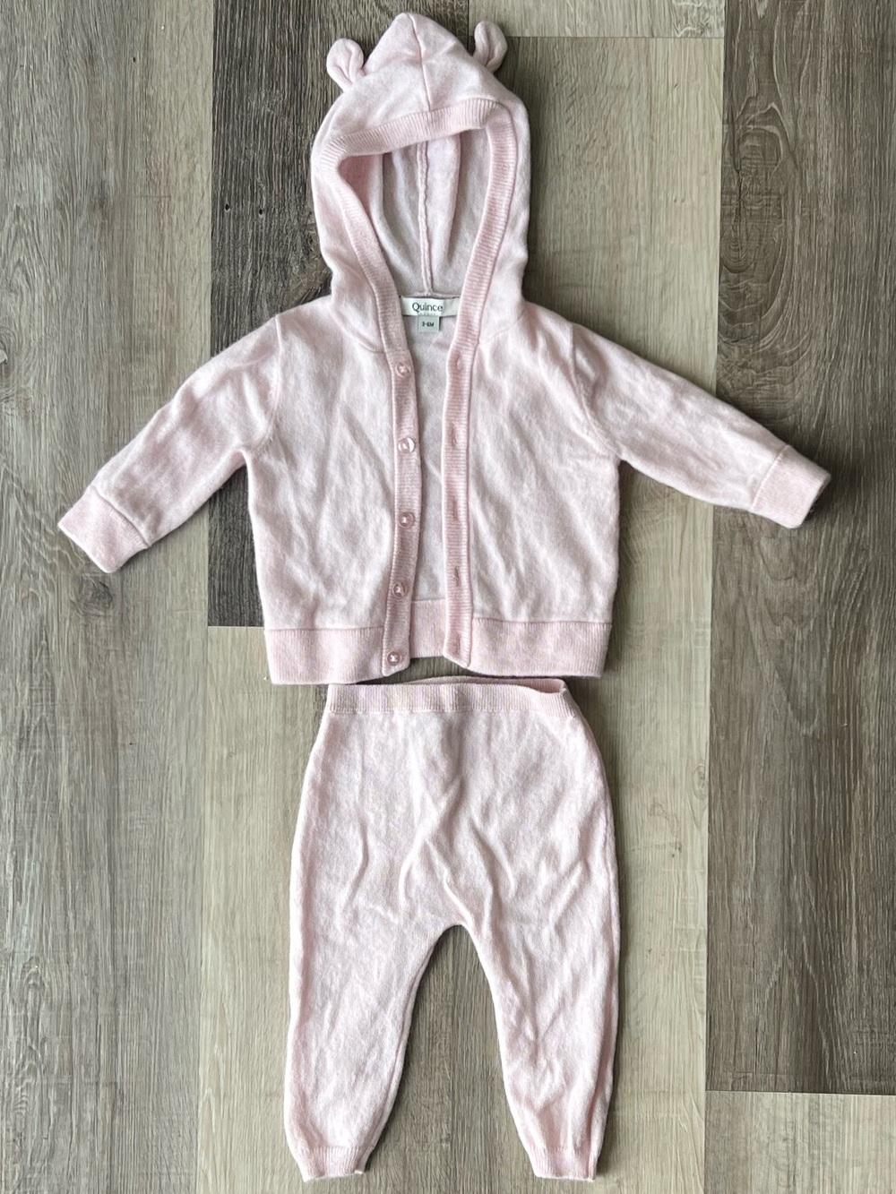 Quince Baby Washable Cashmere Set Teddy Bear Cardigan Joggers 3-6M Minimal Pink